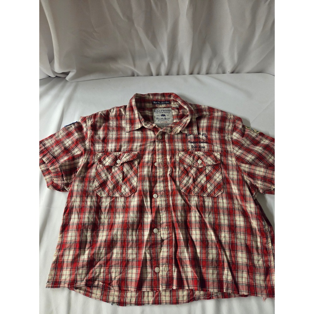 Hollywood The Jean People Mens XL Red Plaid Short Sleeve Button Down Shirt Patch